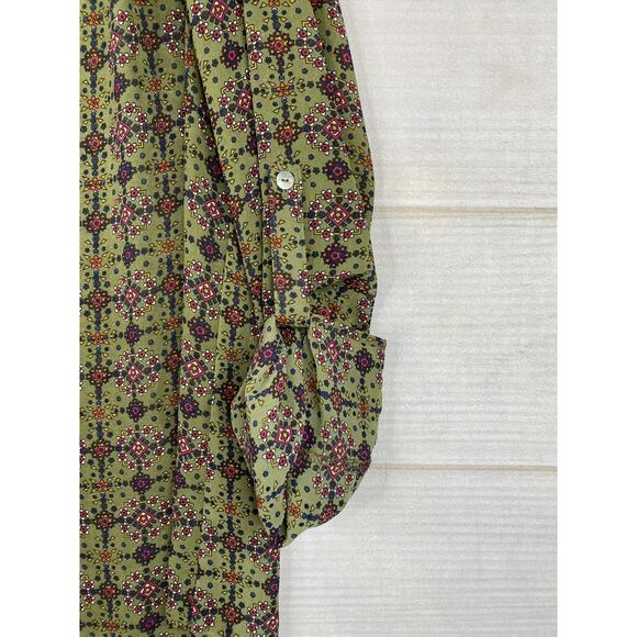 Anthropologie Daniel Rainn Top Womens M Green Medallion Keyhole Sheer Roll Tab - Picture 2 of 10